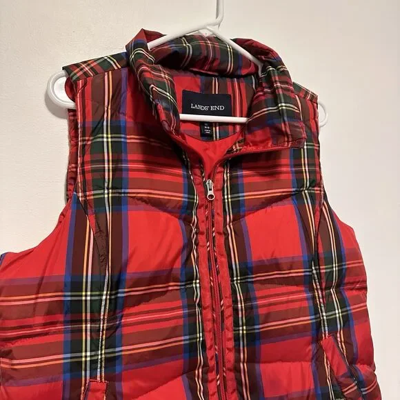 Lands End Womens Sz M Down Fill Red Tartan Plaid Puffer Vest Full Zip Preppy - Picture 2 of 6